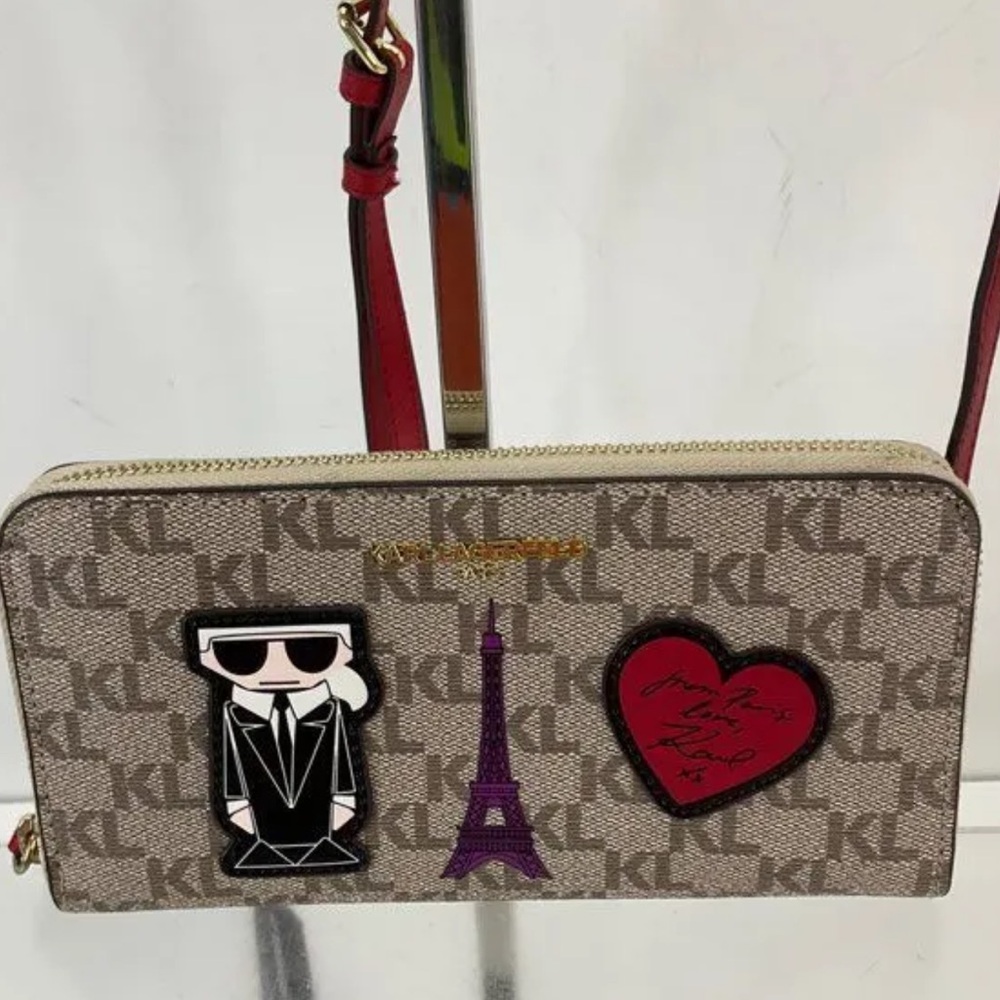 NWT Authentic Karl Lagerfeld Paris Khaki Red Monogram PVC Crossbody Wristlet